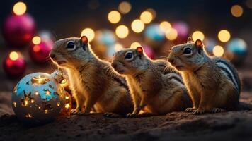 Three squirrels curiously gaze at a festive ornament surrounded by colorful bokeh lights. photo
