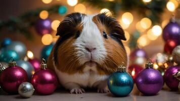 A cute guinea pig surrounded by colorful Christmas ornaments and soft lights. photo