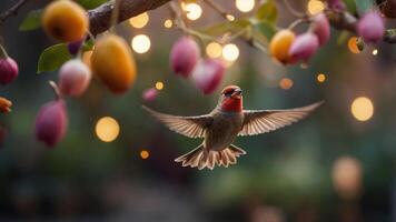 A vibrant bird hovers near colorful blossoms with soft bokeh lights in the background. photo
