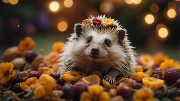 A hedgehog surrounded by colorful fruits and flowers in a whimsical setting. photo