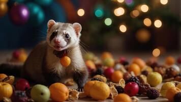 A ferret surrounded by colorful fruits and snacks, creating a playful and festive atmosphere. photo