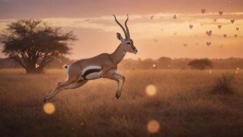 A graceful antelope leaps across a golden landscape at sunset, surrounded by hearts. photo