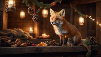 A fox sits amidst festive decorations and natural elements in a cozy setting. photo