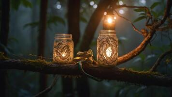 A serene forest scene with glowing lanterns and a lizard on a mossy branch. photo