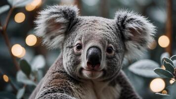 A close-up of a koala surrounded by greenery and soft lights. photo