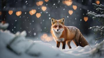 A red fox stands in a snowy landscape with heart-shaped bokeh in the background. photo