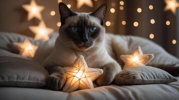 A serene cat surrounded by glowing star decorations, creating a cozy, magical atmosphere. photo