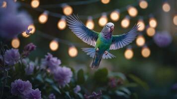 A colorful parrot in flight surrounded by flowers and glowing lights. photo