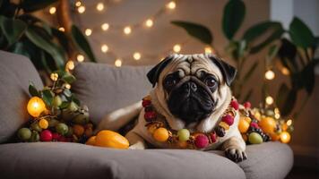 A pug lounging on a couch adorned with festive fruit garlands and warm lights. photo