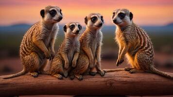 Four meerkats sitting on a log during a colorful sunset in a natural setting. photo