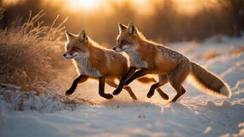 Two foxes running through a snowy landscape at sunset, showcasing nature's beauty. photo