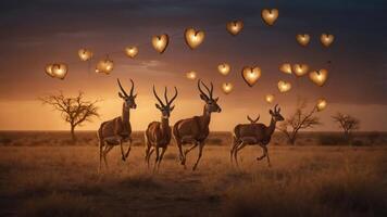 A group of antelopes running under heart-shaped lanterns at sunset. photo