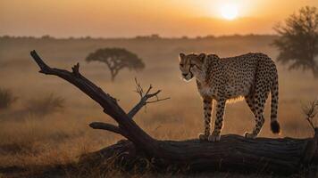 A cheetah stands on a log at sunset, showcasing its grace in a serene landscape. photo