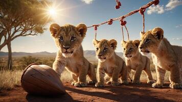 Four playful lion cubs interacting with a wooden object in a sunny landscape. photo