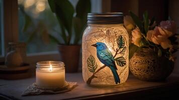 A serene scene featuring a glowing jar with a blue bird design and a lit candle nearby. photo