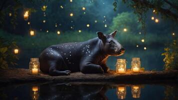 A serene scene featuring a tapir by a calm water body, surrounded by glowing lanterns. photo
