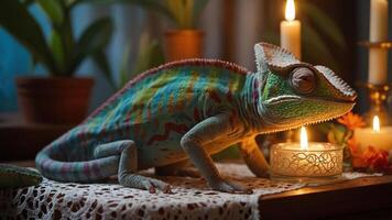 A colorful chameleon rests beside candles and plants, creating a serene atmosphere. photo