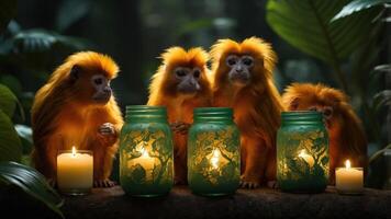Four golden monkeys sit by glowing jars and candles in a lush forest setting. photo