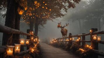A serene forest path illuminated by candles, featuring a deer amidst a misty atmosphere. photo