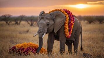 An elephant adorned with a colorful garland stands in a sunset-lit savanna. photo