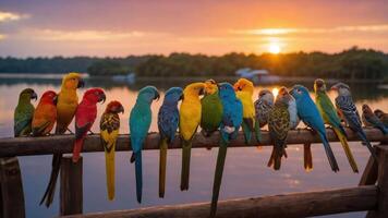 A vibrant gathering of colorful parrots perched on a railing at sunset by the water. photo