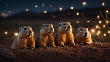 Four prairie dogs sit together on a dirt mound, illuminated by soft, glowing lights. photo