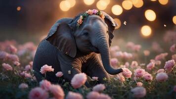 A cute elephant adorned with flowers in a field of roses, creating a whimsical atmosphere. photo