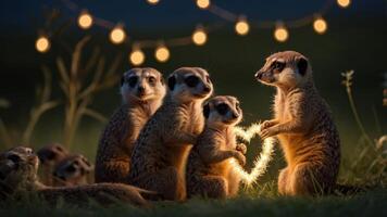 A group of meerkats creating a heart shape with light, set in a cozy evening atmosphere. photo