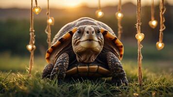 A close-up of a turtle surrounded by heart-shaped lights in a natural setting at sunset. photo