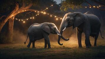 Two elephants interact under softly lit trees in a serene, twilight setting. photo
