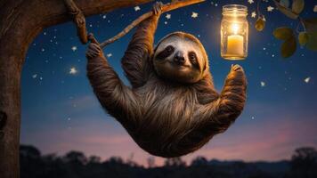 A sloth hangs from a branch, holding a lantern in a starry night scene. photo