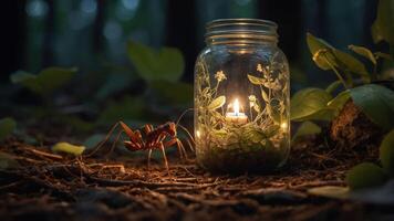A glowing jar with a candle and greenery, accompanied by a large ant in a forest setting. photo