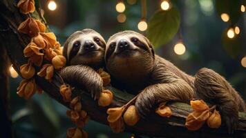 Two sloths resting on a branch surrounded by flowers and soft lighting in a lush environment. photo