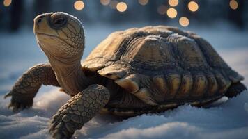 A turtle on snow with blurred lights in the background, creating a serene winter scene. photo