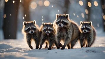 Four raccoons walking through snow, illuminated by soft light in a winter setting. photo