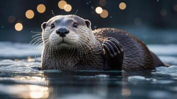 A playful otter floating in water with a serene background. photo