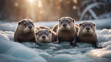 Four otters resting on ice near water, illuminated by soft sunlight. photo