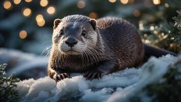 A charming otter resting on snow with blurred lights in the background. photo