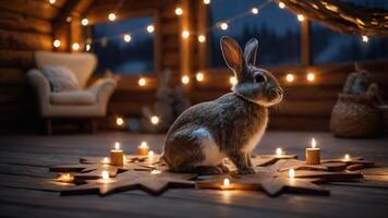 A serene rabbit surrounded by candles and wooden stars in a cozy, illuminated setting. photo