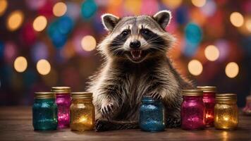 A cheerful raccoon sits among colorful jars, creating a whimsical and festive atmosphere. photo