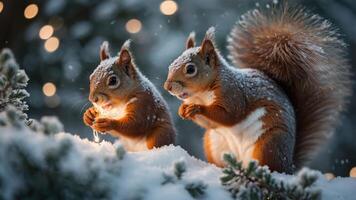 Two squirrels in a snowy landscape, illuminated by soft lights, creating a cozy winter scene. photo