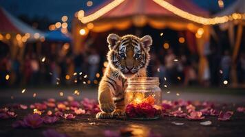 A playful tiger cub surrounded by flowers and a glowing jar, set in a festive atmosphere. photo