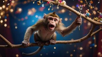 A lively monkey perched on a branch, surrounded by colorful decorations and lights. photo