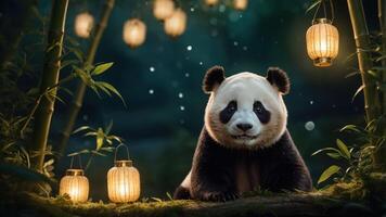 A panda sits among bamboo and glowing lanterns in a serene, nighttime setting. photo