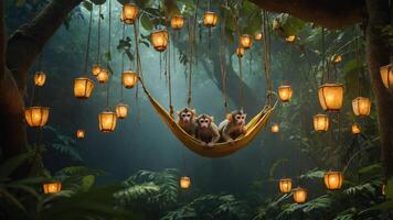 Three monkeys relax in a hammock surrounded by glowing lanterns in a lush jungle. photo
