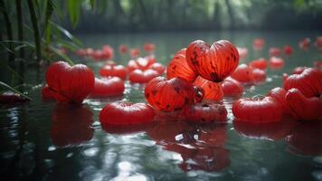 A serene water scene with floating red heart-shaped objects amidst lush greenery. photo