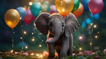 A playful elephant surrounded by colorful balloons and lights, creating a festive atmosphere. photo