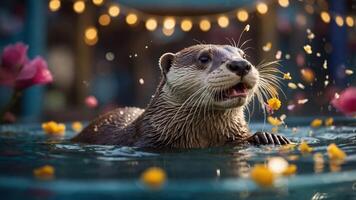 A playful otter enjoying a serene moment in a vibrant pool surrounded by flowers. photo