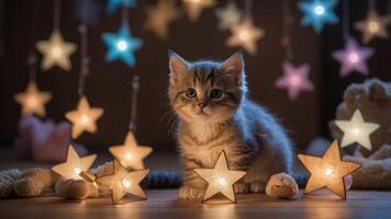 A playful kitten surrounded by glowing star-shaped lights, creating a whimsical atmosphere. photo