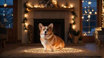 A cheerful corgi sits surrounded by twinkling lights in a cozy, festive living room. photo